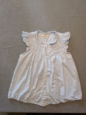 LOFT Blue and White Pinstripe Sleeveless Button Front Top with Pink Smocking
